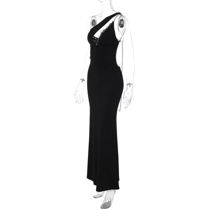 One-Shoulder Teardrop Cutout Waist Cutout High Slit Bodycon Maxi Dress