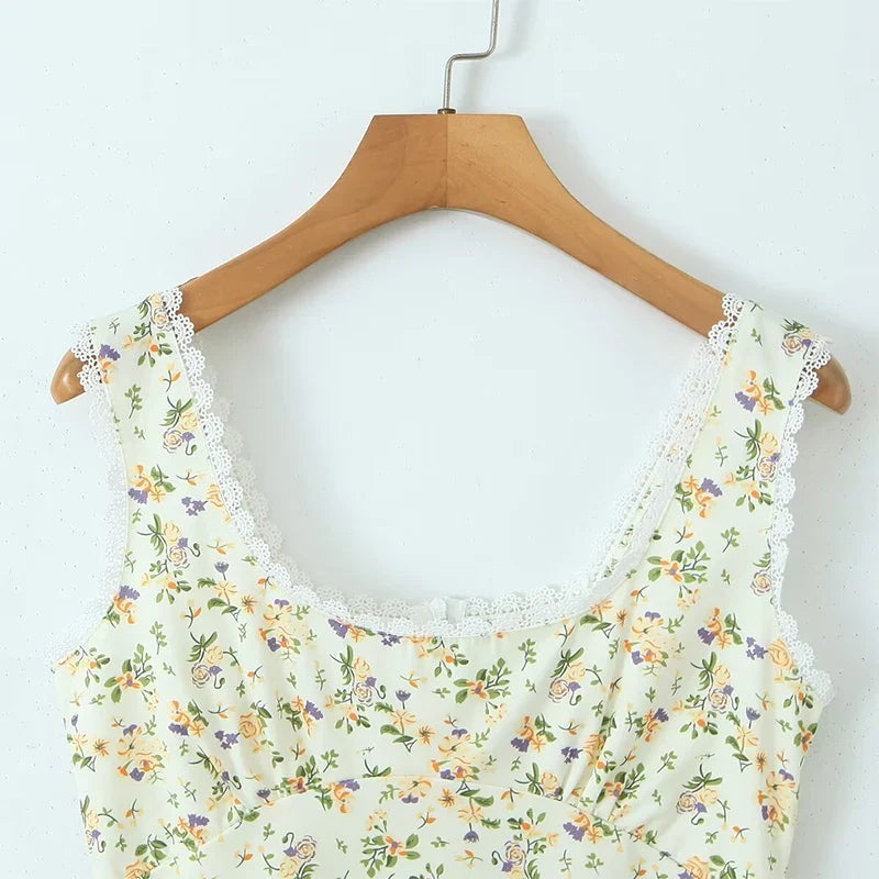 Lace Trim Floral Print Sleeveless Dress Elegant Square Neck Female Holiday Summer Tank Dress Short Robe