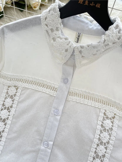 Crochet Patchwork Shorts Sets Women Single Breasted Lapel Collar Long Sleeve Blouse Summer Casual Fashion White Two-piece Set