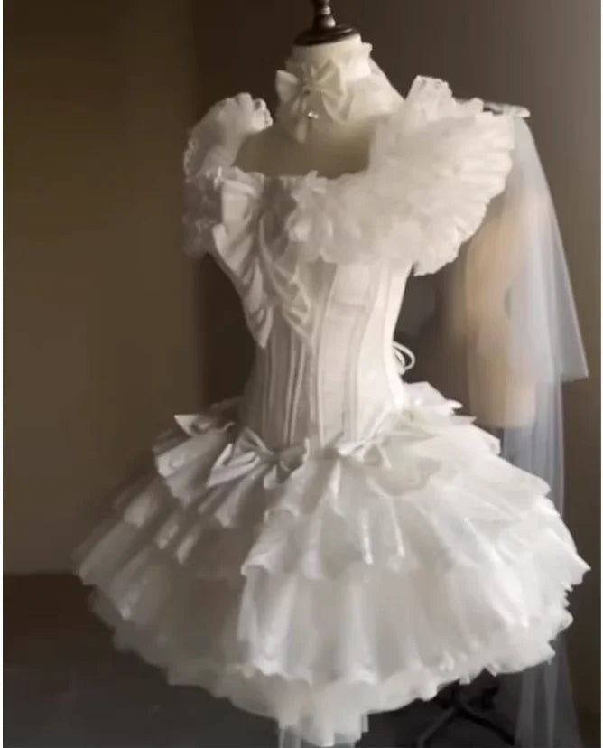 Temperament Simple Square Collar White Sweet Girl Lolita Wedding Dress Romantic High Waist A-line Versatile Elegant Cake Dresses