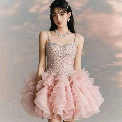 New Sleeveless Birthday Princess Party Dress for Girls Sweet High Waist Slimming A-line Rufffle Puffy Strap Mini Dress for Women