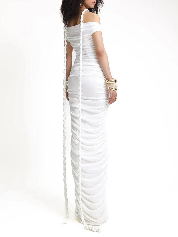 Off Shoulder Braided Halter Ruched Center Panel Maxi Gown