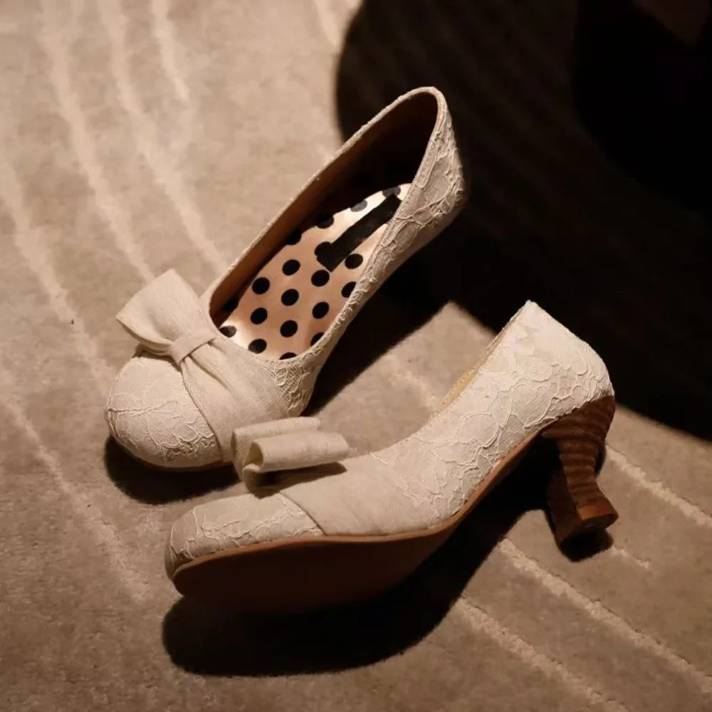 Spring New Round Toe Lace Bow High Heel Mary Janes Pumps Kitten Heel Sweet Walking Comfy Women Pumps Party Daily Shoes