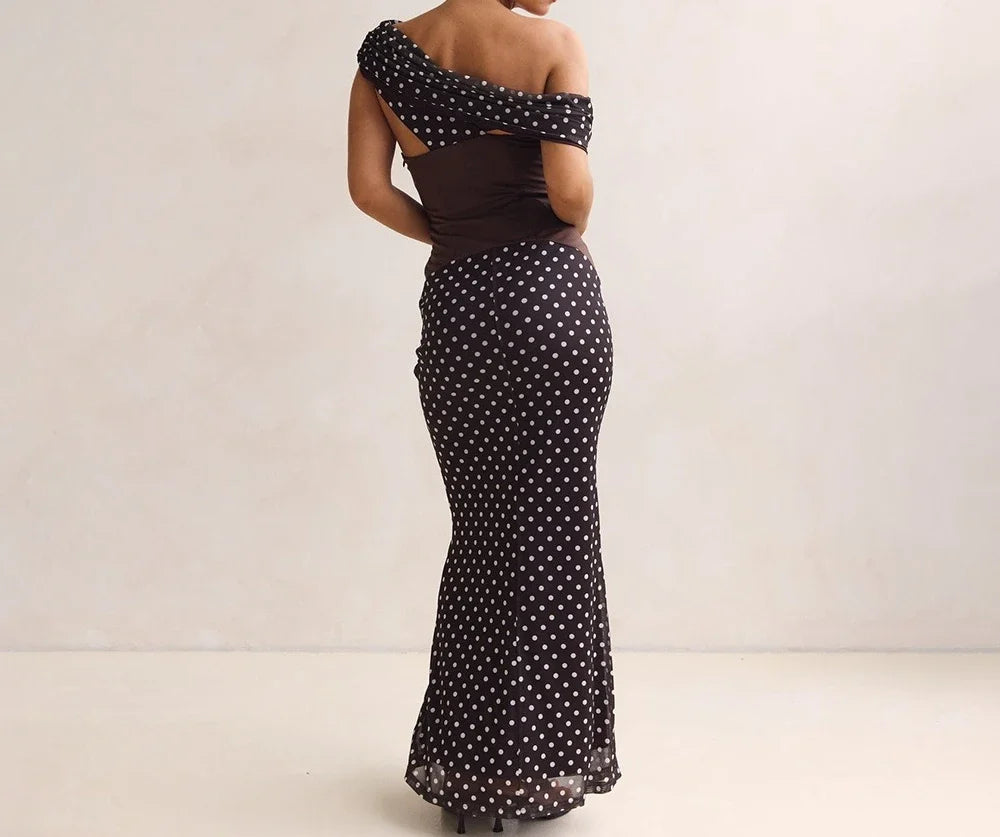 Personalized Design Diagonal Neck Off-the-shoulder Polka Dot Dress Female Sexy Slim Mesh See-through Backless Dress