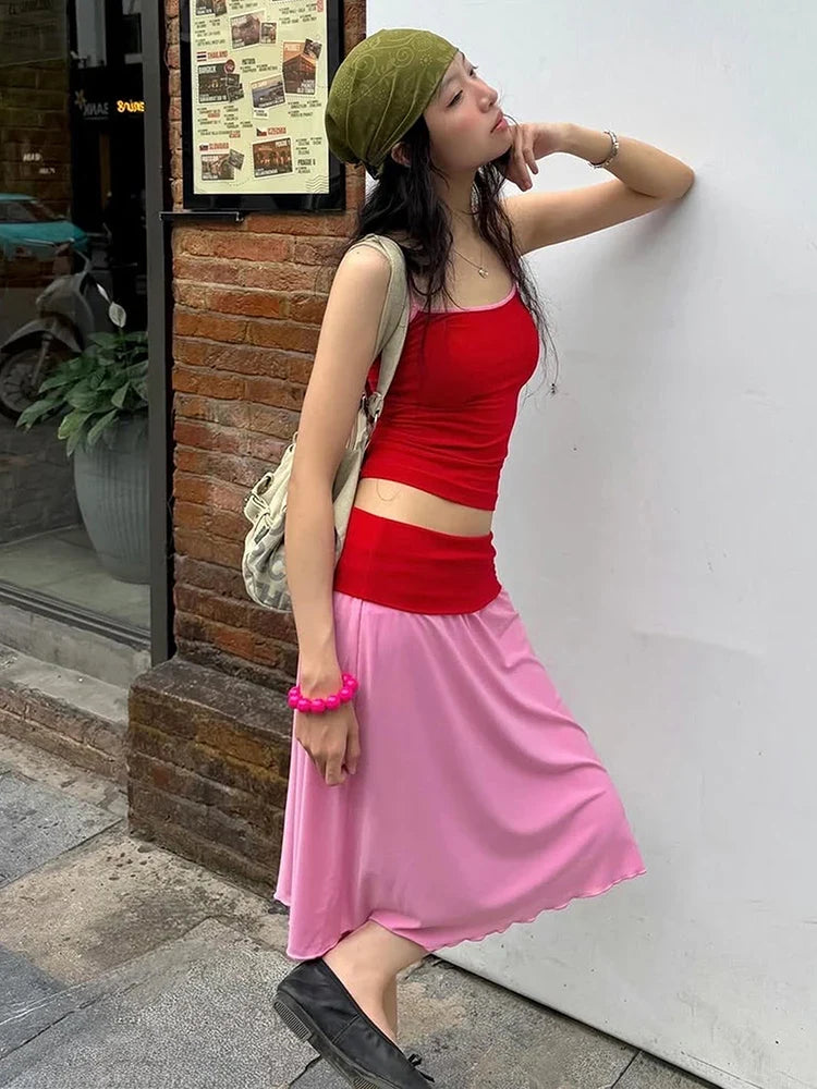 Low-Neck Fit Camisole+Patchwork Elastic Waist Skirt Summer Vacation Color Blocking 2-Piece Set Women Street Streetwear