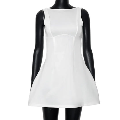 Boat Neck Sleeveless Fitted Waist Flared Skater Mini Dress