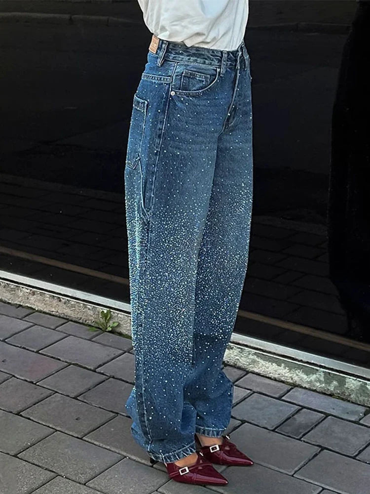 Chic Rhinestone Straight Denim Pants Women Vintage Loose High Waist Cowboy Long Pant Female New Design Spring Chic Streetwear
