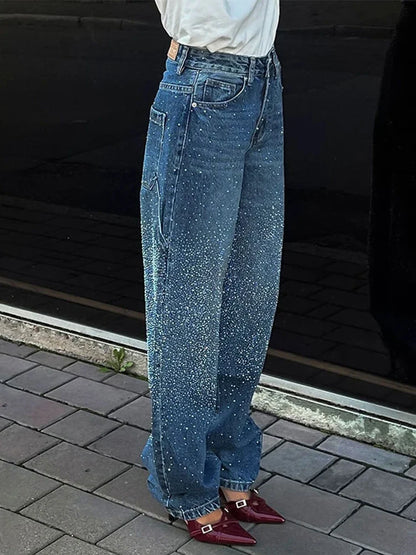 Chic Rhinestone Straight Denim Pants Women Vintage Loose High Waist Cowboy Long Pant Female New Design Spring Chic Streetwear