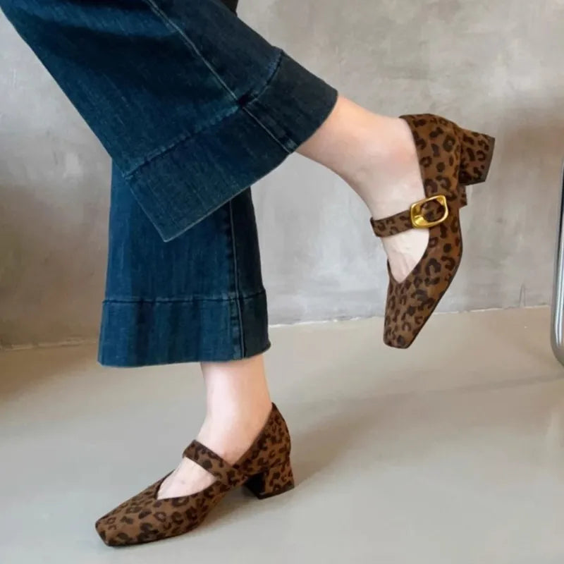 Women's Mary Janes Vintage Faux Suede Pumps Square Toe Dress Shoes Autumn Buckle Strap High Heels Ladies Shoes 1863