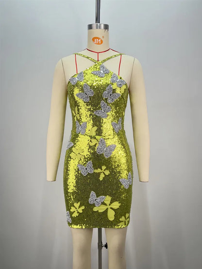 Sequin Butterfly Applique Halter Neck Bodycon Mini Dress