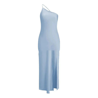 Asymmetric Strap Backless Slit Satin Maxi Dress