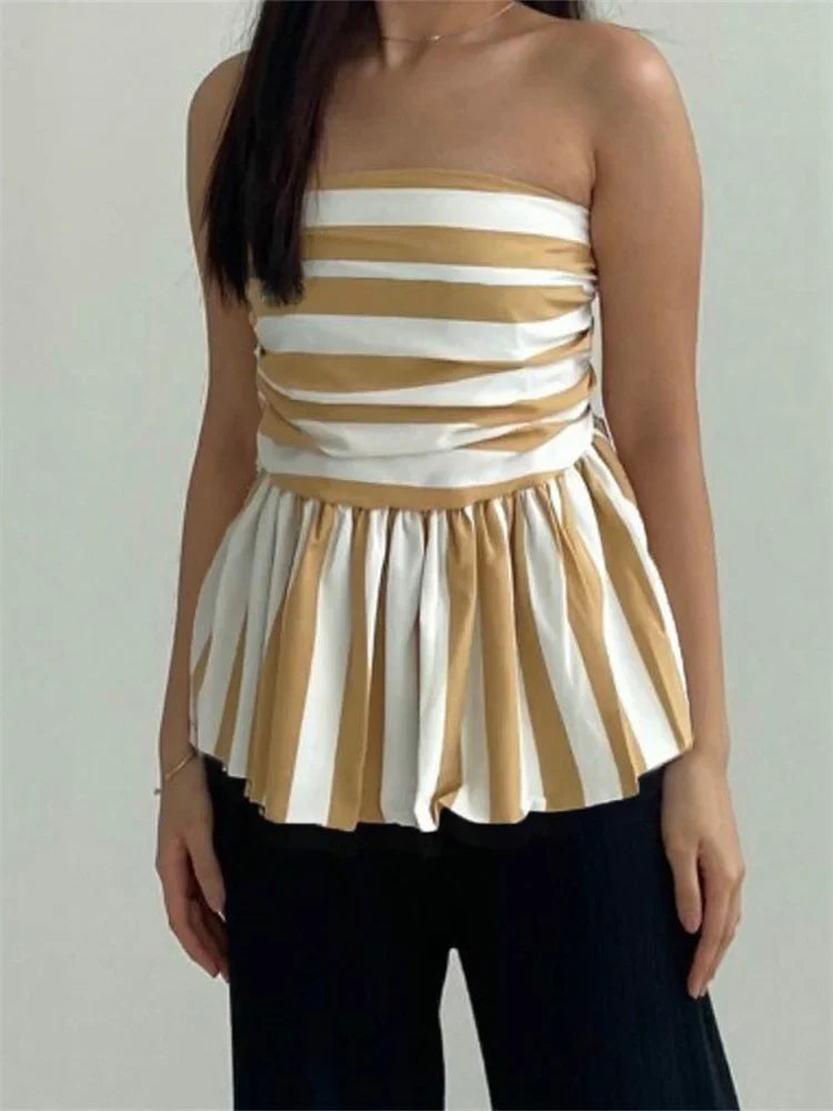 Striped Ruched Cropped Bustier Strapless