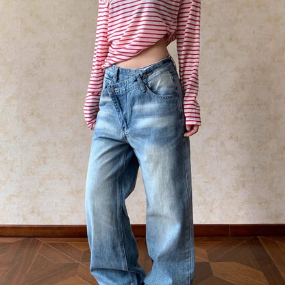 Blue Vintage Women Jeans Washed Irregular Harajuku Wide Leg American Style Baggy Straight Denim Trousers Basic Casual