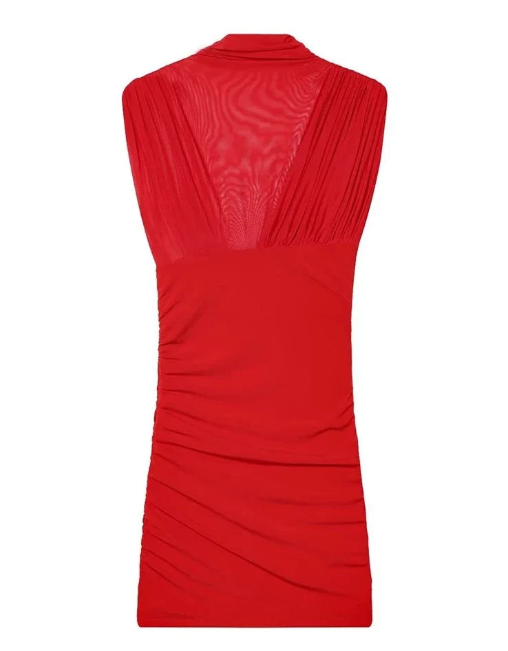Women V Neck Sexy See Through Sleeveless Mini Dresses Party Elegant Evening Short Dress Pleated Slim Mesh Dress