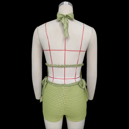 Chic Knit Bow Bandage Hollow Out Shorts Sets Women Sexy Backless Crop Tops Shorts 2 Piece Holiday Beach Covers Women Outfits