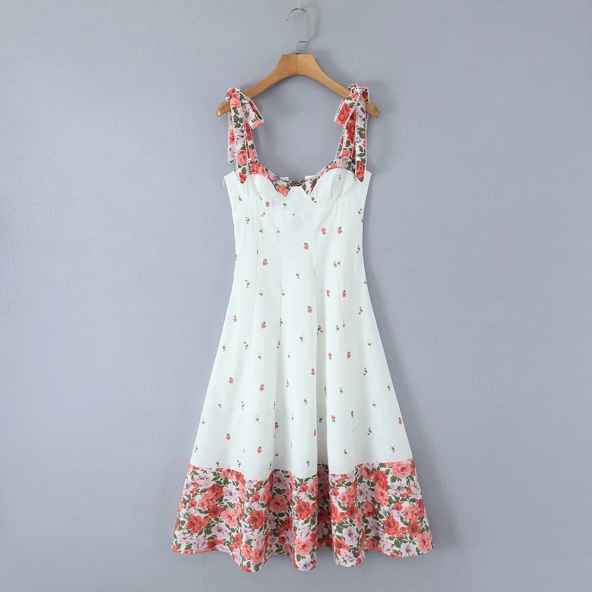 Flower Print Patchwork White Sling Elegant Dress Women Lace Up Bandage Back A-line Summer Dresses Chic Lady Holiday Robe 2025