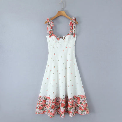 Flower Print Patchwork White Sling Elegant Dress Women Lace Up Bandage Back A-line Summer Dresses Chic Lady Holiday Robe 2025