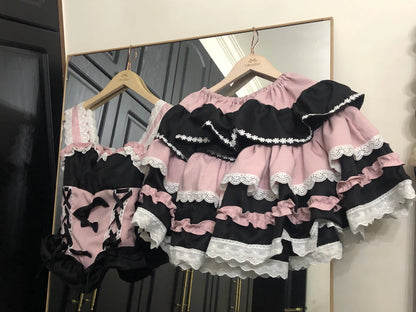 New Lolita Japanese Maid Suit Suspender Lace Bow Upper and Lower Suit Two-dimensional Sweet Cute Cos Comic Show Cake Skirt