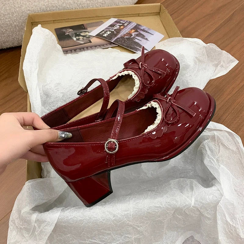 Spring Butterfly-knot Women Mary Jane Shoes Ladies Shallow Buckle Strap Shoes Eelgant Thick Heel Dress Leather Shoes