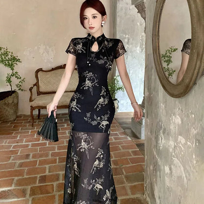 Vintage Chinese National Style Slimming Modified Cheongsam Dress Women's New Summer Chic Y2K Slim Elegant Split Long Dress