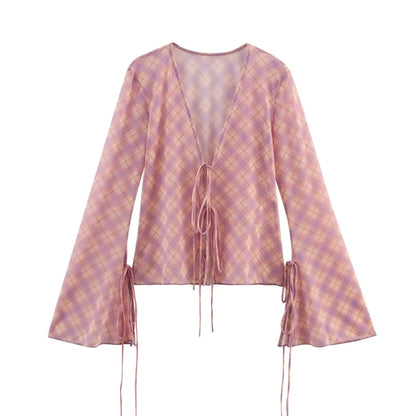 Plaid Retro Sweet Summer Outfits Chic Flare Sleeve Cardigan Top + High Waist Long Skirts 2 Piece Set Pink Y2K Women Set