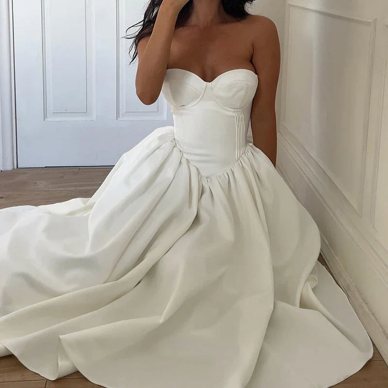 French Style Women Strapless A-line Dress White Romantic Chic Backless Lace-up Corset Long Dress Evening Party Outfit