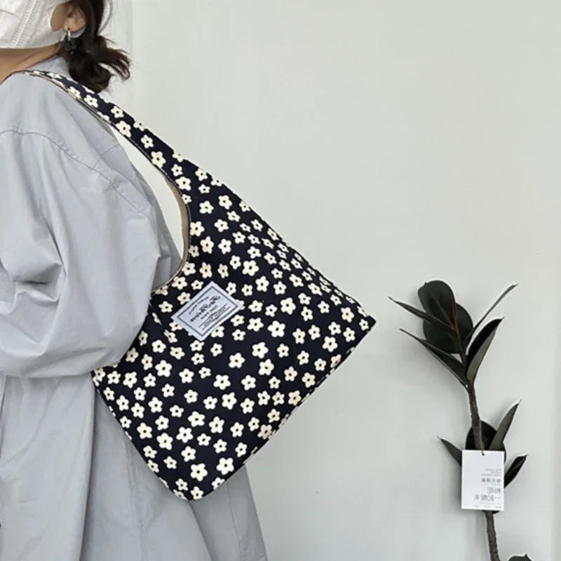 Vintage Sweet Flower Print Tote Bag Office Lady Fashion Fairy Chic Women Handbags All Match Canvas Casual Shoulder Underarm Bag