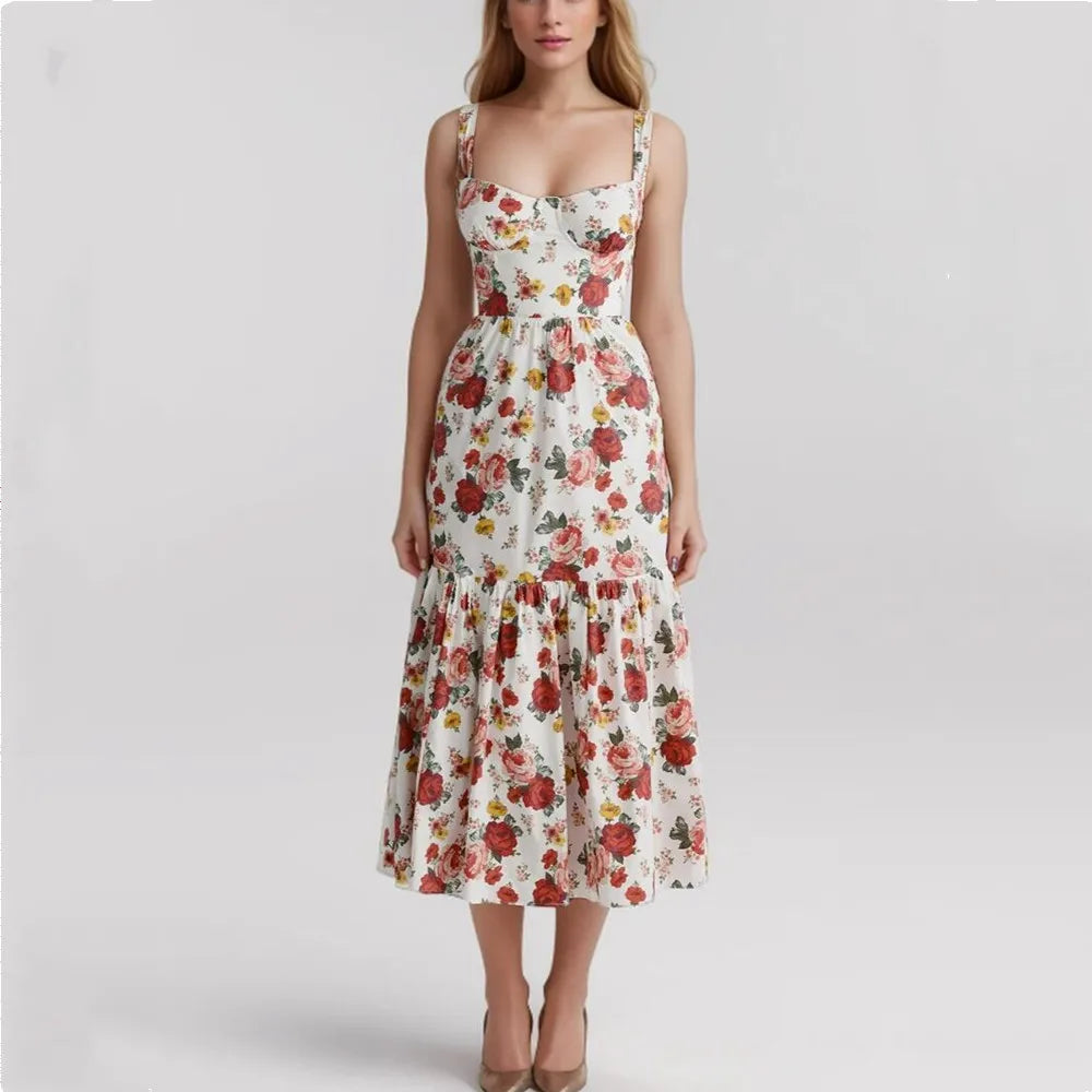 Sweetheart Neck Floral Print Bustier Tiered Ruffle Midi Dress