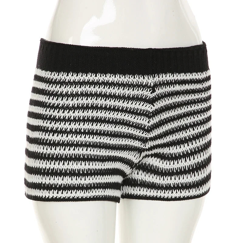 Casual Striped Knitted Shorts Basic Slim Low-Waisted Shorts Women Autumn Winter Fashion Streetwear Laides Elegant