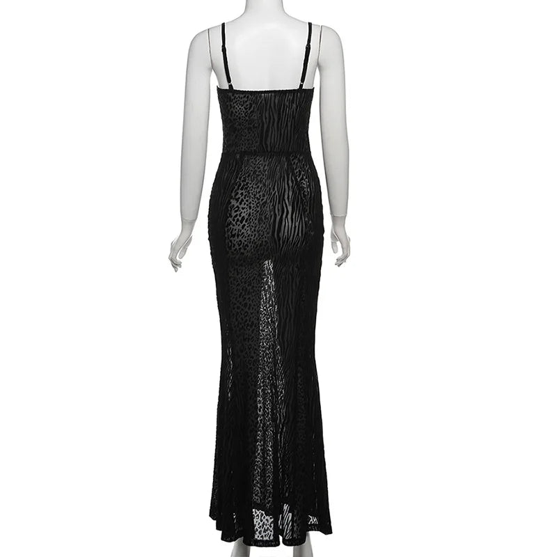 Sheer Mesh Corset Bodice Print Mermaid Maxi Gown