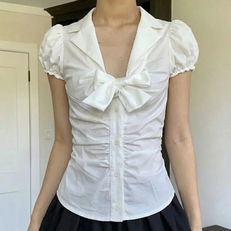 Temperament Preppy Style Bow V Neck Puff Short Sleeve Women's Blouse Y2k Aesthetic Harajuku Pleated Casual Shirts Spice Clothes