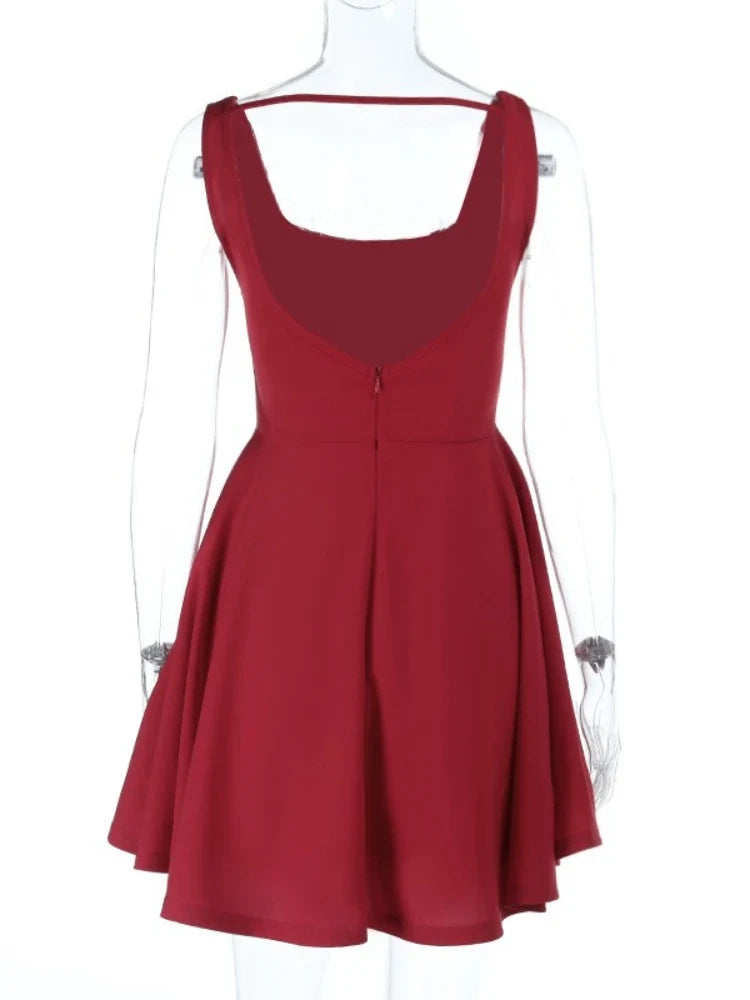 Women's Red Backless Mini Dress Summer Fashion Square Neck Sleeveless High Waist A Line Short Summer Elegant Tank Dress