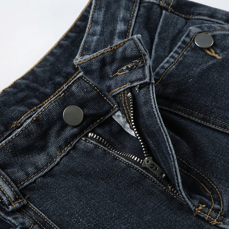 Grunge Aesthetic Flare Jeans Women Retro Stylish Y2K Dark Blue Denim Pants Spring Outfits Casual Slim Trousers Ladies