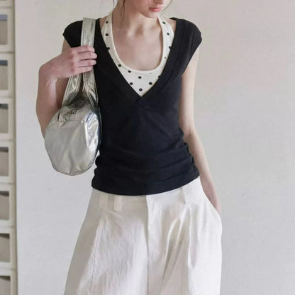 Polka Dot Spicy Girl Hanging Neck Suspender Short Sleeved T-shirt for Women Summer New Slim Fit Short Top Two-piece Set