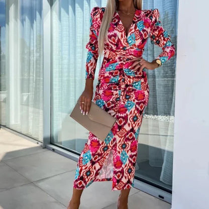 Women Sexy Floral Print Bohemian Long Dress Spring Deep V-neck Slim Bodycon Party Dress Autumn Puff Sleeve Front Slit Maxi Dress