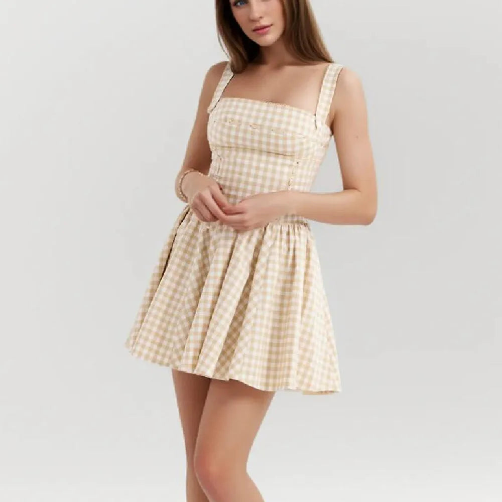 Gingham Check Square Neck Princess Seam Pleated Ball Gown Mini Dress