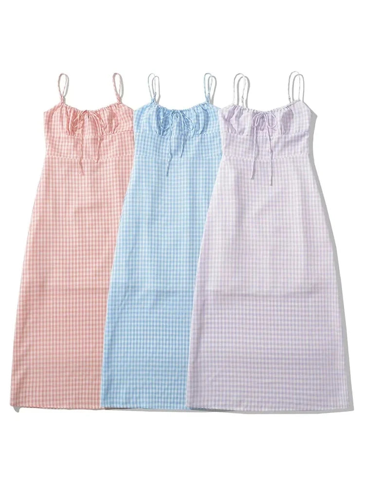 Spaghetti Strap Tie Up Plaid Dress Women Summer Beach Midi Sundress Strapless Retro Pink Short Vestidos Female Dress