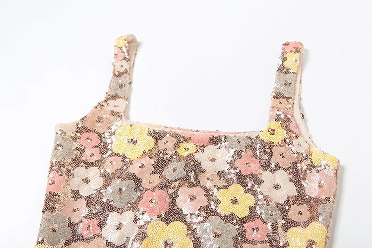 Flower Print Colorful Mini Dress Women Sequins Patchwork Skinny Backless Sleeveless Vacation Trend Elegant Sweet Outfits