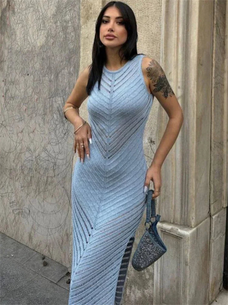 Chevron Mesh Panel Crew Neck Sleeveless Side Slit Knit Maxi Dress