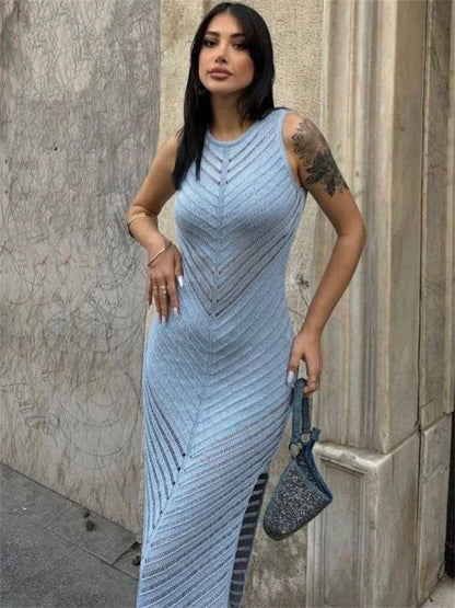 Chevron Mesh Panel Crew Neck Sleeveless Side Slit Knit Maxi Dress