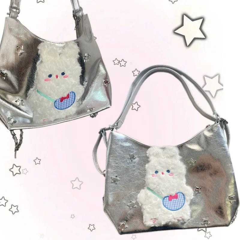 Vintage Y2k Womens Tote Bag Cute Bunny Patchwork Silver Fashion Shoulder Bag Pu Leather Large Capacity New Casual Backpack