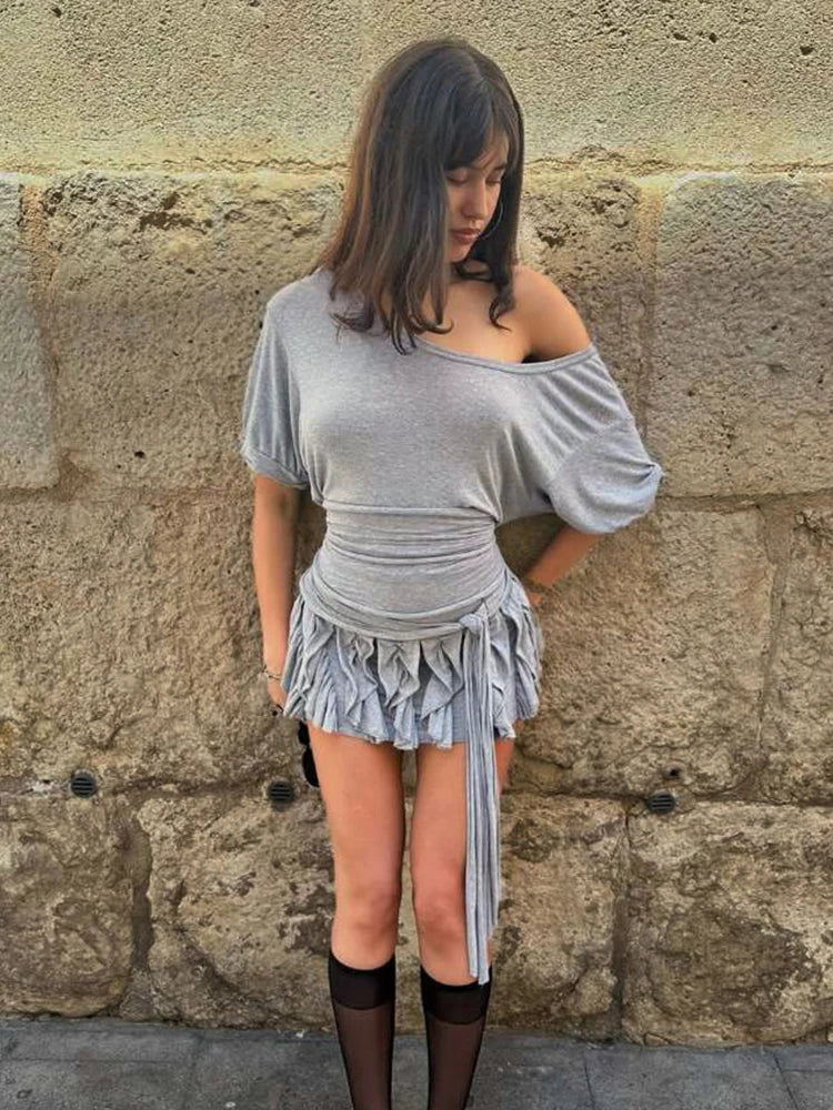 Off Shoulder Ruched Tassel Mini Dress Women Y2K Solid Style Skew Collar Short Sleeve Street Fashion Elegant Daily Outfits