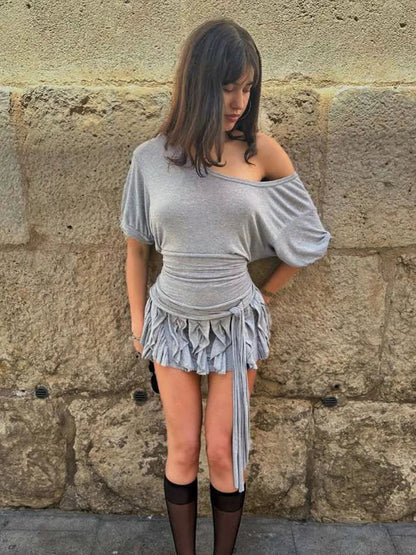 Off Shoulder Ruched Tassel Mini Dress Women Y2K Solid Style Skew Collar Short Sleeve Street Fashion Elegant Daily Outfits