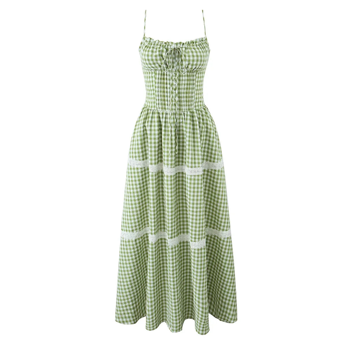 Holiday Style Summer Women's Dress Lace Splicing Sweet Lace Waist Back Green Plaid Dresses Elegant Fashion Long Dress