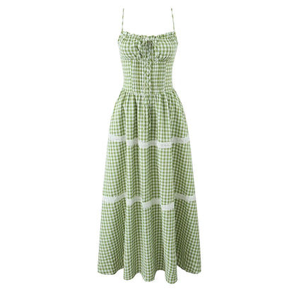 Holiday Style Summer Women's Dress Lace Splicing Sweet Lace Waist Back Green Plaid Dresses Elegant Fashion Long Dress