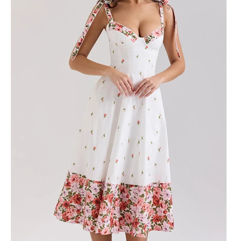 Flower Print Patchwork White Sling Elegant Dress Women Lace Up Bandage Back A-line Summer Dresses Chic Lady Holiday Robe 2025