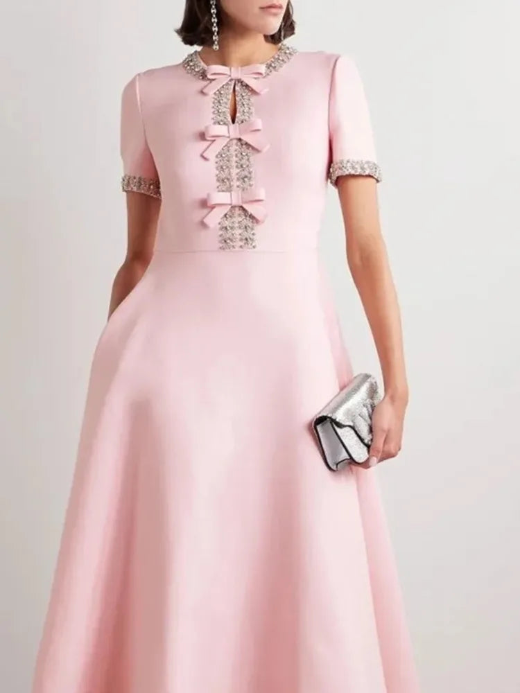 Round Neck Crystal Trim Bow Detail Short Sleeve Fit and Flare Midi Dress