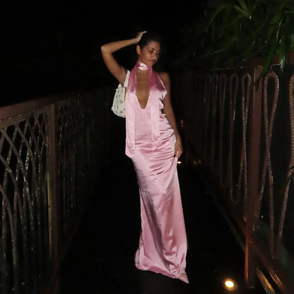 Halter Choker Deep V Neck Satin Column Maxi Gown