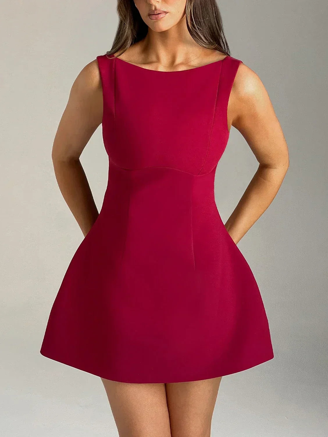 Boat Neck Sleeveless Fitted Waist Flared Skater Mini Dress