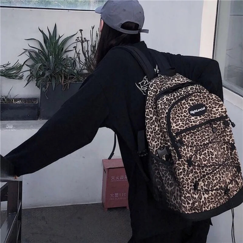 Trendy Casual Leopard Print Women's Backpack Korean Large Capacity Versatile Leisure Schoolbag Y2k Unisex Travel Backpack